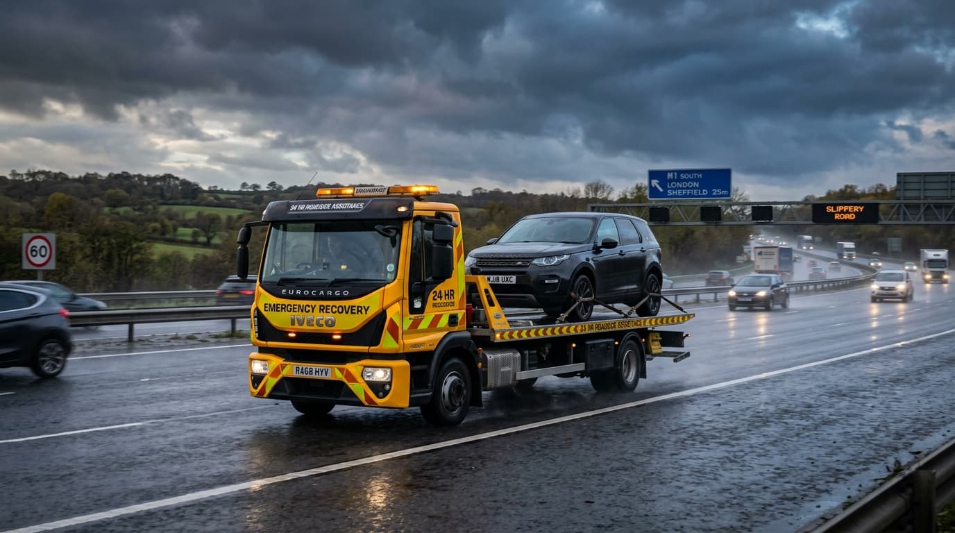 Vehicle recovery truck on a wet highway under dramatic clouds